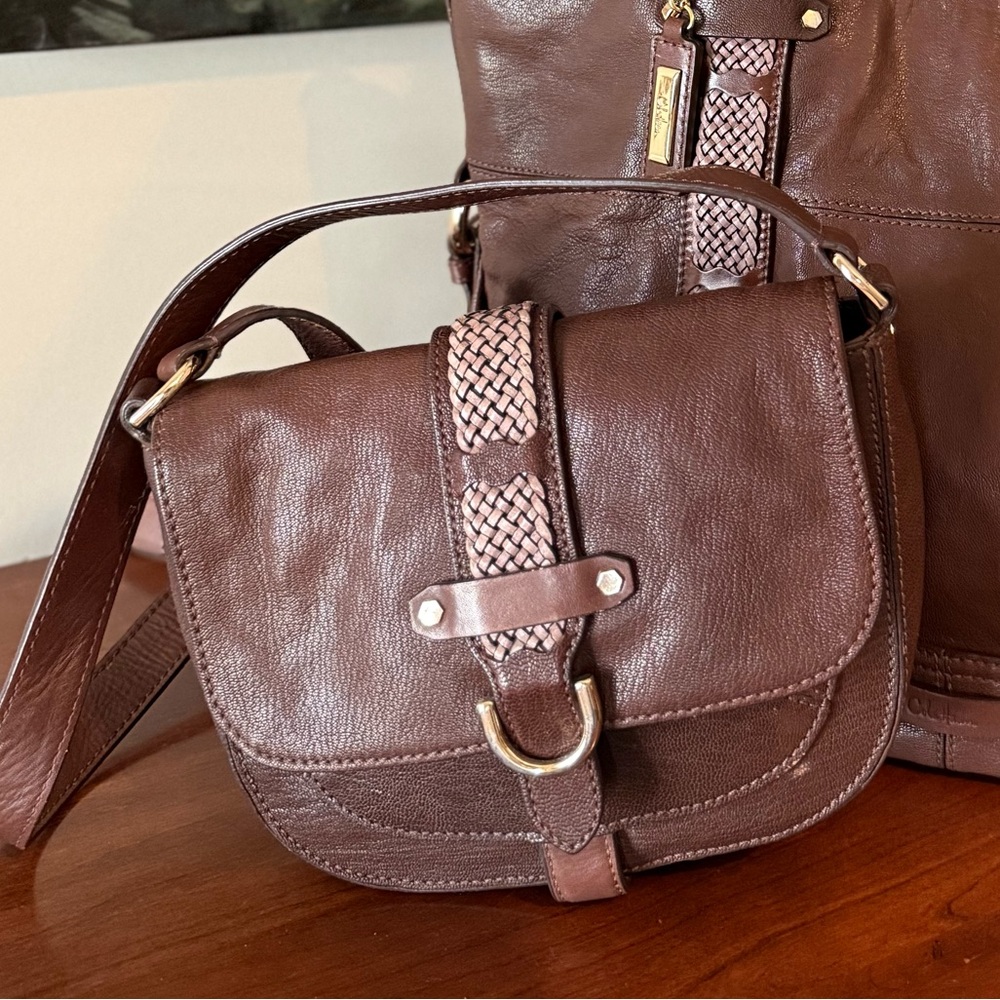 ✨ Cole Haan Supple Brown Leather Crossbody Flap Bag w/ Woven Strap Detailing ✨ - Picture 2 of 13